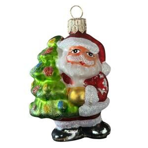 Mercury Glass Santa Claus Carrying Xmas Tree Ornament made in Poland 3"